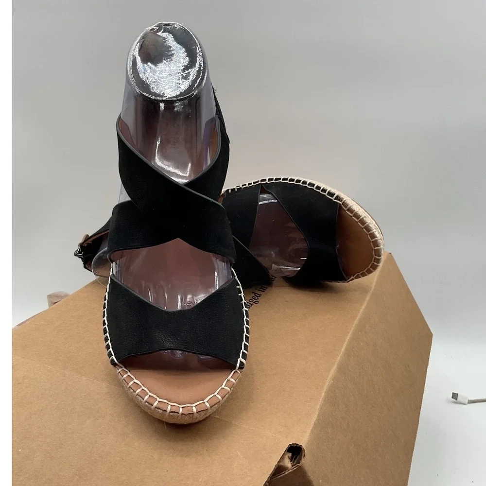 Gentle Souls Kenneth Cole Black Leather Espadrille Wedge Sandals Womens 9M